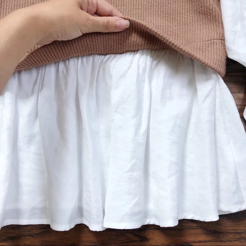 Anthropologie • Ruffled Layered Top tan sweater vest white puff sleeve blouse